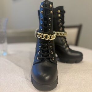 Black Leather Ankle Boots with Gold Chain